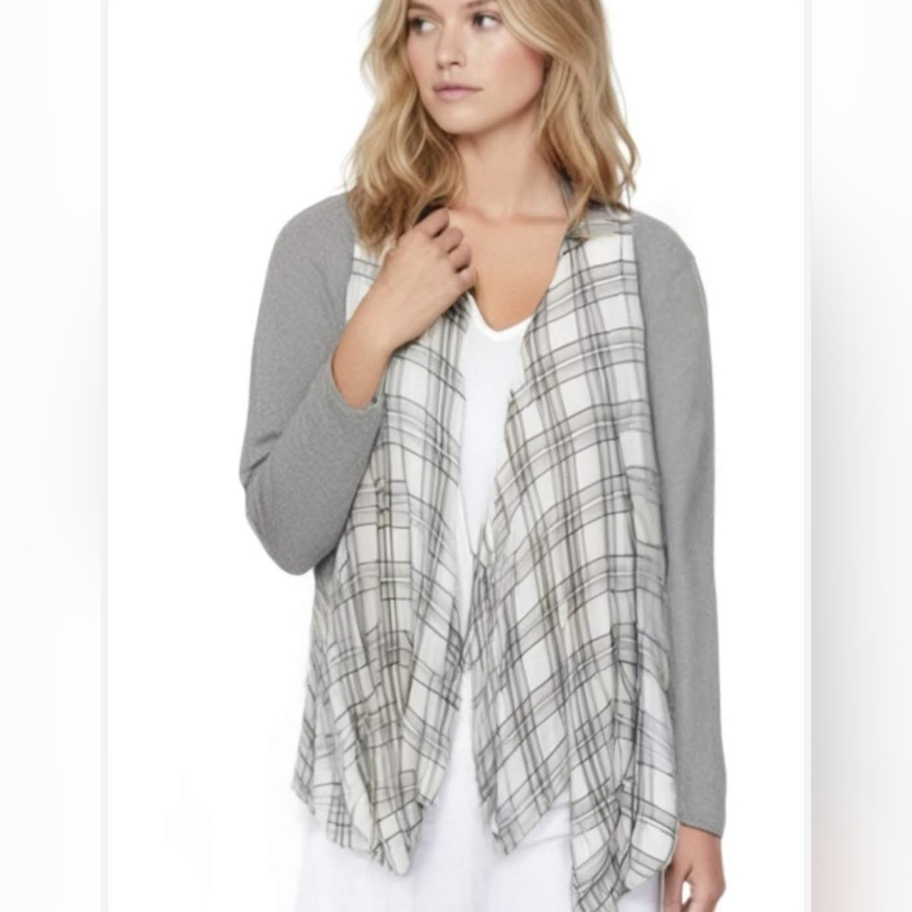 Wallflower Gray And White Plaid Waterfall Open Front Cardigan